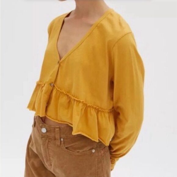 Urban Outfitters Project Social T Mustard Color Crop Top ruffle detail sz S Boho - Picture 1 of 7
